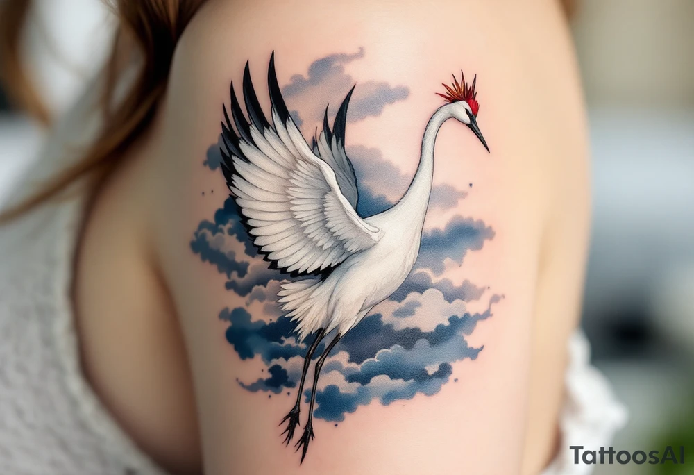 A white crane with black wing tips and red crown flying through misty blue clouds. tattoo idea