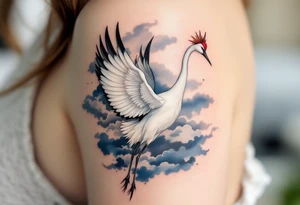A white crane with black wing tips and red crown flying through misty blue clouds. tattoo idea