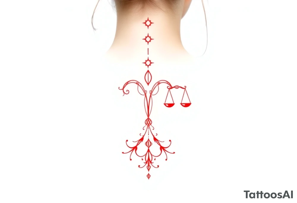 Tattoo that combines the star sign Taurus and Libra ,in red , down the spine tattoo idea