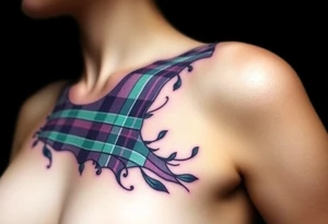 Chest 
Dark Purple with green pink blue and white highlights tartan fabric with skin around edges peeling and wrapping around side of shoulder tattoo idea