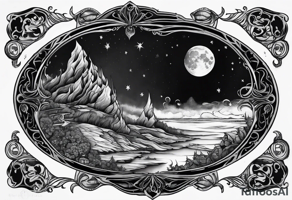 dark fantasy moon by cliff held by a witch tattoo idea