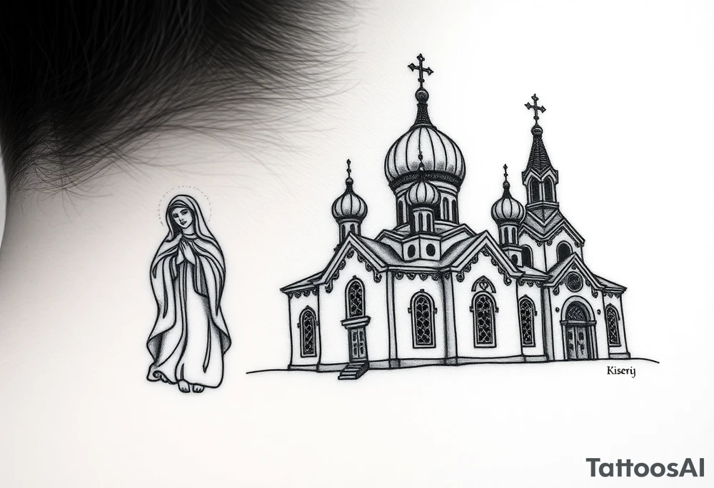 medium sized Russian orthodox church with bulb domes with a prominent russian orthodox style virgin mary stood outside to the left tattoo idea