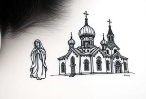 medium sized Russian orthodox church with bulb domes with a prominent russian orthodox style virgin mary stood outside to the left tattoo idea
