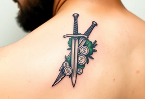 Pirate sword with moss and gold coins tattoo idea