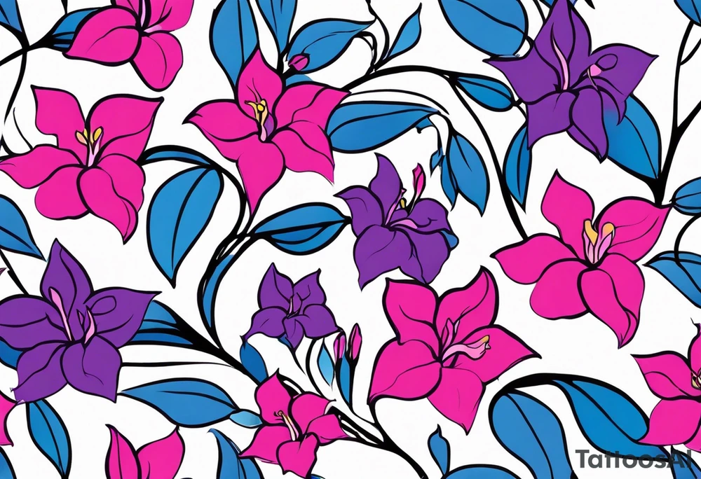 brushstroke abstract pink, purple, and blue mandevilla flowers on a vine, with color leaking out into the background. SOme of the flowers should be full color, and some just linework. It should have a handdrawn, sketch feel. tattoo idea