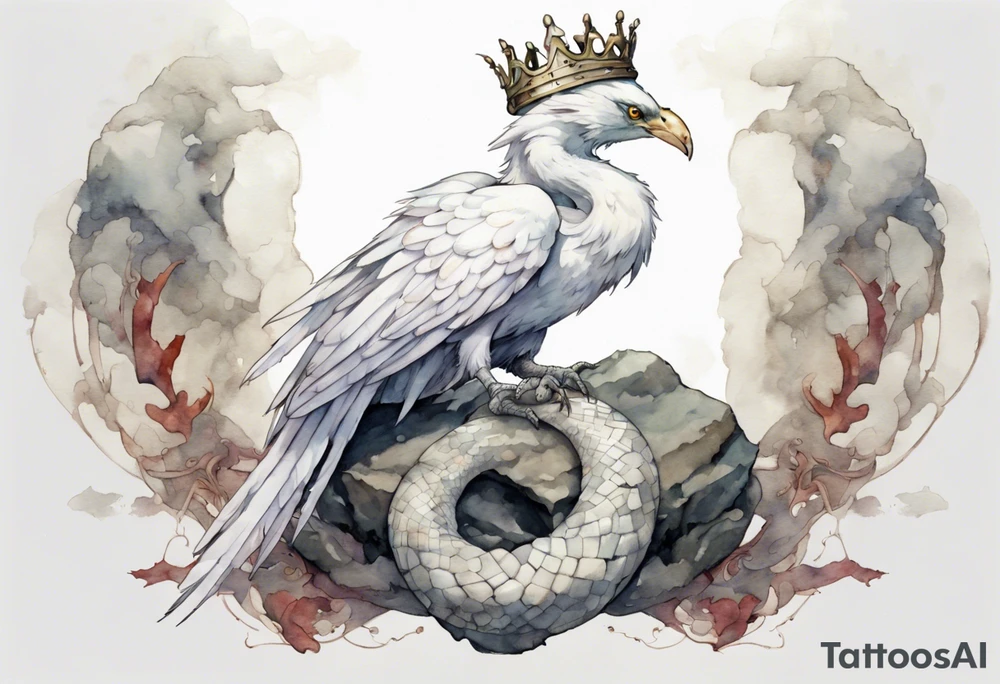 a white bird-serpent hybrid, wearing a pewter crown on its head, resting on a large stone tattoo idea