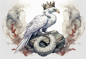 a white bird-serpent hybrid, wearing a pewter crown on its head, resting on a large stone tattoo idea