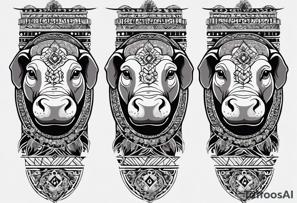 A foot long 2.5inches wide portrait orientation tattoo, containing a detailed hippo headwith tribal patterns in the middle, a full moon on the upper side, and some wintersweet flowwer on the bottom side, these three components are connected with arches, lines, little geometric patterns, the lines will ne fine and narrow tattoo idea