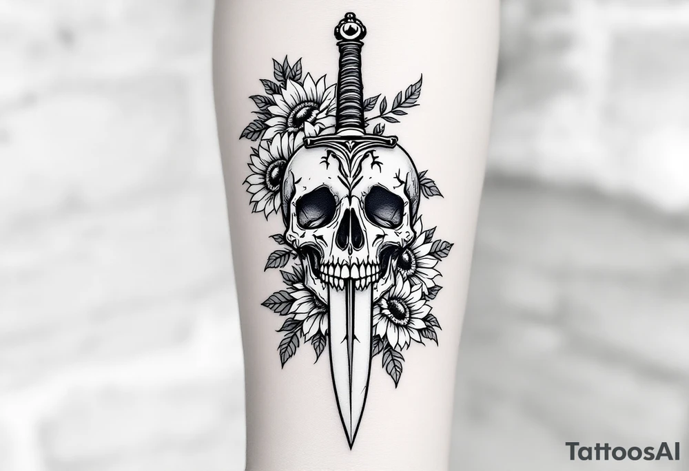 Skull, heart piercing a dagger with roses and sunflowers tattoo idea Skull, heart piercing a dagger with roses and sunflowers tattoo idea