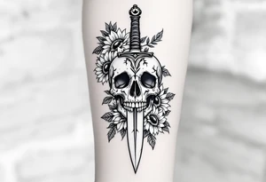 Skull, heart piercing a dagger with roses and sunflowers tattoo idea