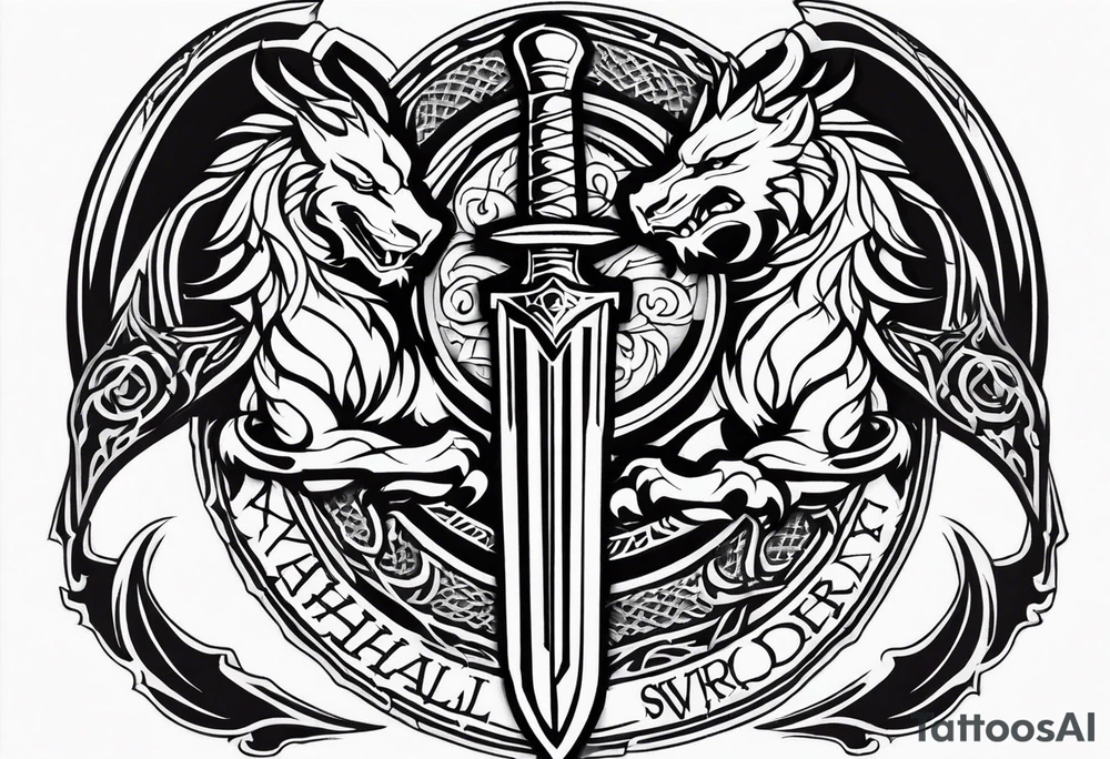 Valhalla sword shield dragon axe lion tattoo idea
