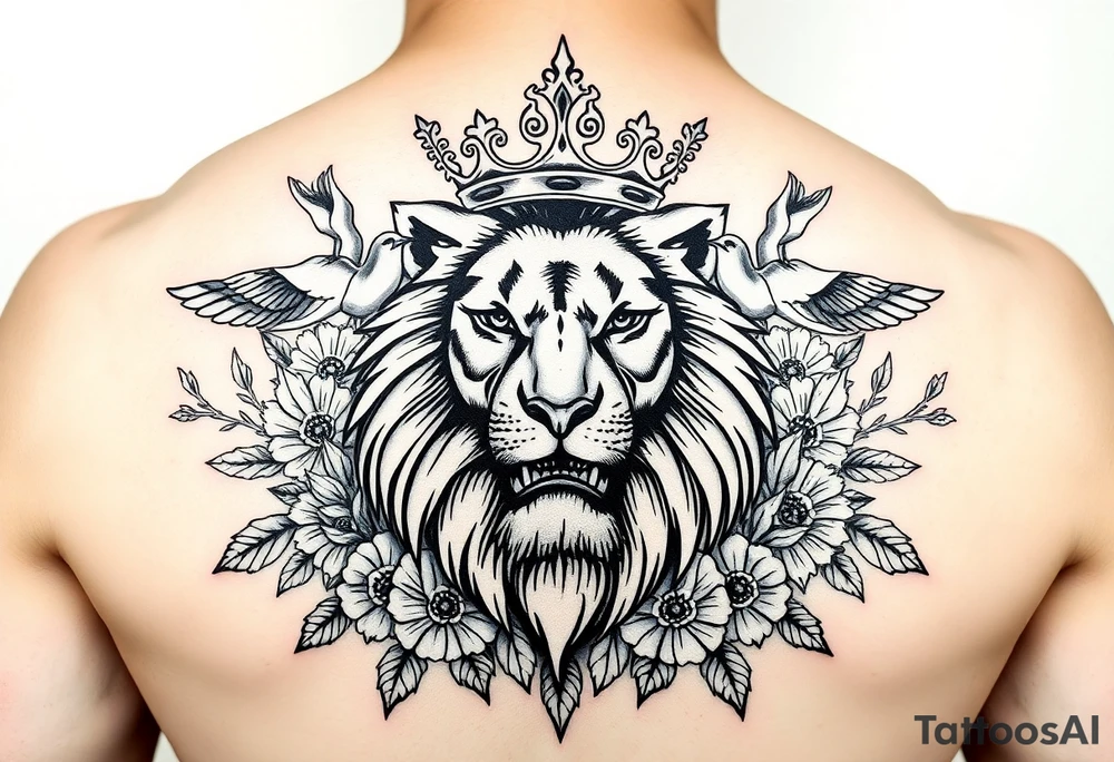 powerful majestic lion with a crown, surrounded by floral ornaments and birds tattoo idea