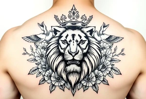 powerful majestic lion with a crown, surrounded by floral ornaments and birds tattoo idea