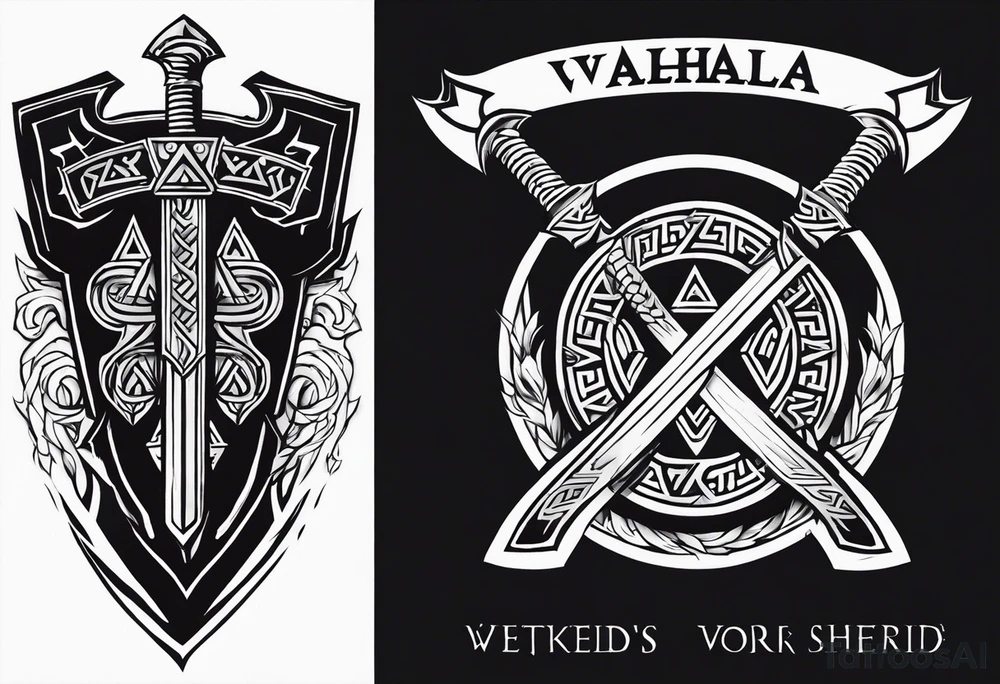 Valhalla sword shield axe Valknut fog tattoo idea