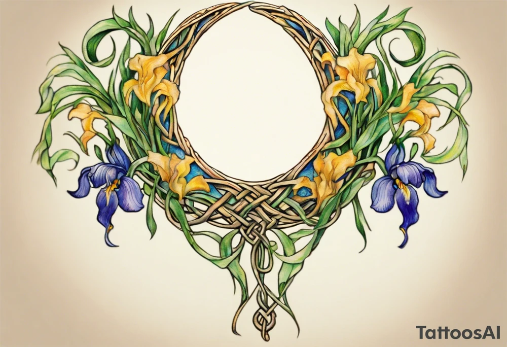 Create a small, colorful Vincent van Gogh Irises tattoo in the form of a crescent, with vines in Celtic knot style gracefully intertwining at a central point in the middle of the wreath. The intended placement is on the upper chest. The middle needs mountains. The overall design should be small in size while maintaining a delicate and artistic aesthetic. Pay attention to the graceful flow of the vines and the placement of the irises to achieve a refined and elegant look. tattoo idea