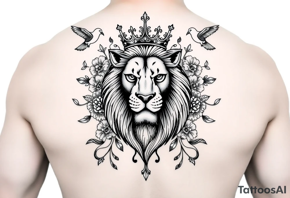 powerful majestic lion with a crown, surrounded by floral ornaments and birds tattoo idea