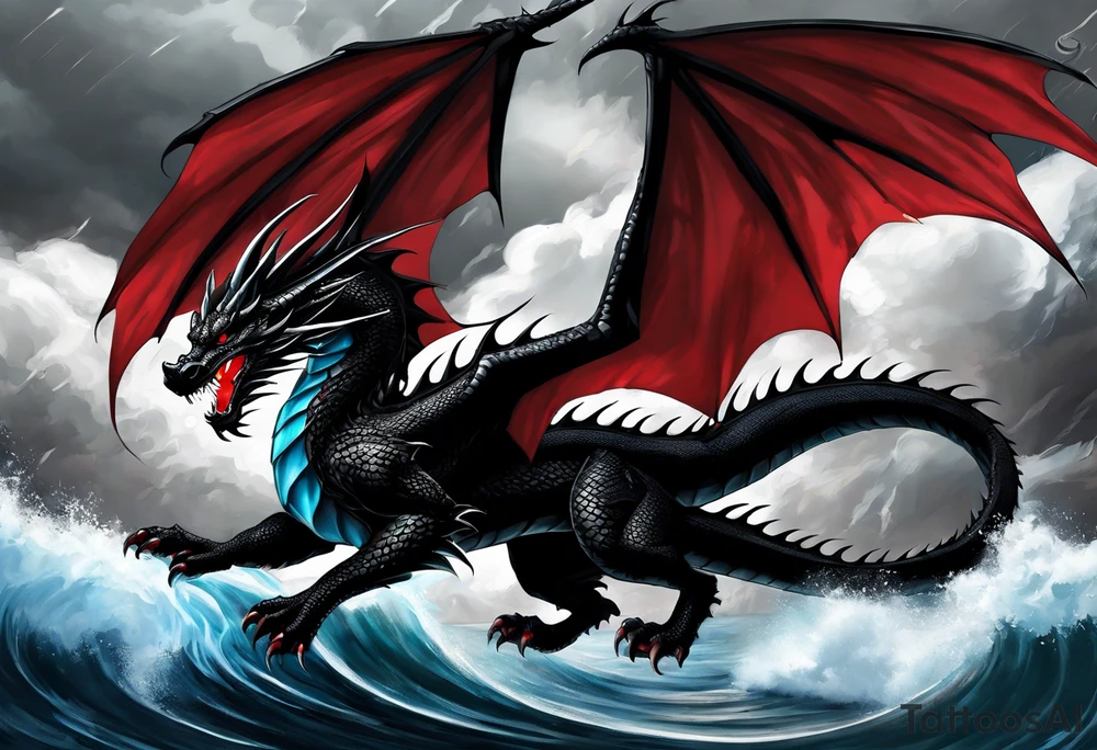 full black dragon with a long tail. Storm in the background. Pops of red. Holding a gem. tattoo idea