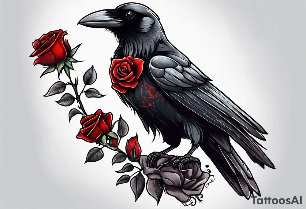 Crow standing holding a red rose tattoo idea