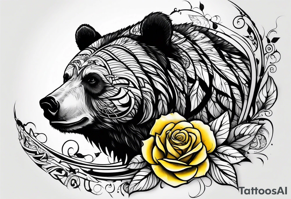 A tribal bear above a butterfly and yellow rose tattoo idea