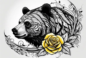 A tribal bear above a butterfly and yellow rose tattoo idea