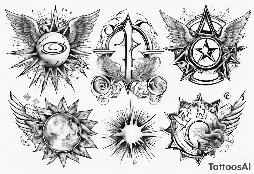 abstraction with sun and letters and angels tattoo idea