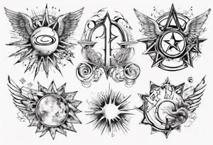 abstraction with sun and letters and angels tattoo idea