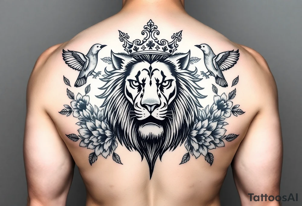 powerful majestic lion with a crown, surrounded by floral ornaments and birds tattoo idea