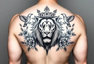 powerful majestic lion with a crown, surrounded by floral ornaments and birds tattoo idea