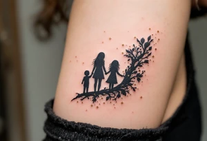Family inked in fine-line black with tiny gold stars scattered around it like a constellation. tattoo idea