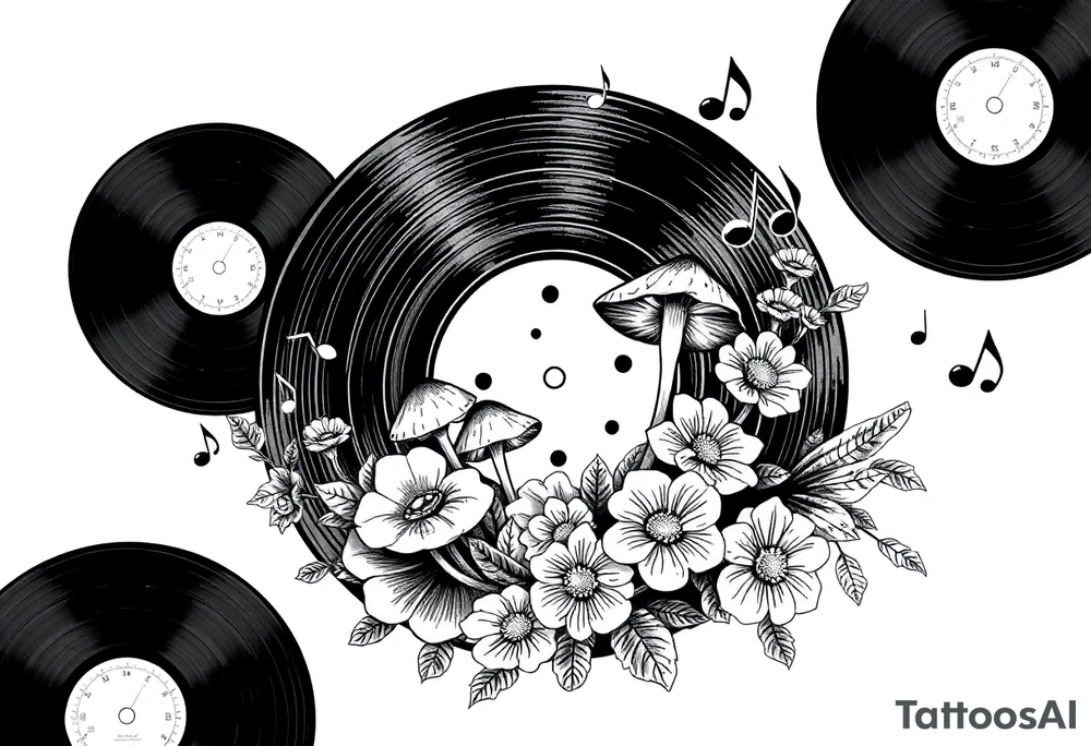 vinyl record with mushrooms, flowers, and music notes tattoo idea