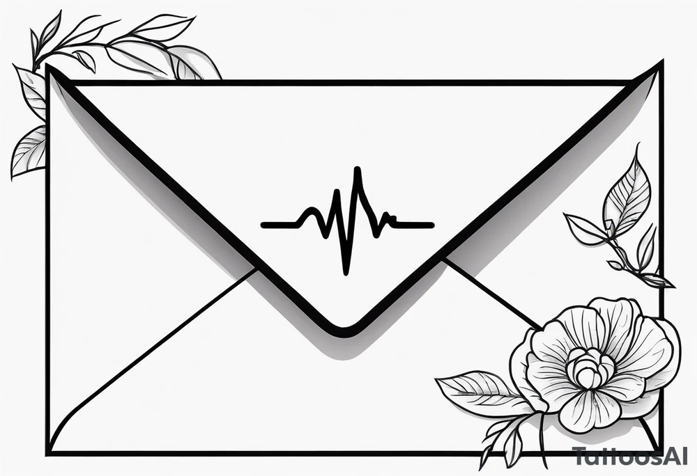 An outline envelope with a heartbeat monitor which represents a living life, and a wax stamp that says 'Happiness' in a Chinese character. tattoo idea