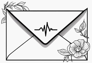 An outline envelope with a heartbeat monitor which represents a living life, and a wax stamp that says 'Happiness' in a Chinese character. tattoo idea