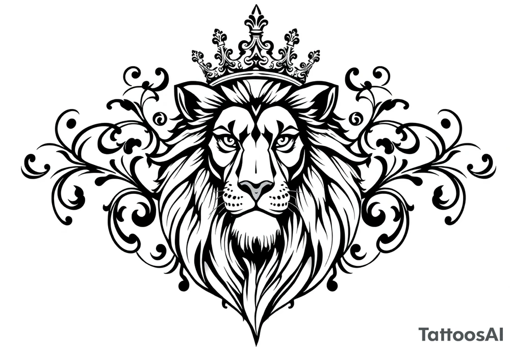 majestic lion wearing ornate crown, surrounded by baroque flourishes tattoo idea