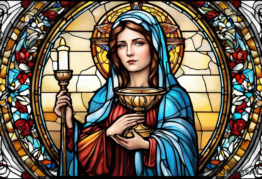 holy saint woman with halo stained glass holding a chalice with artillery tattoo idea