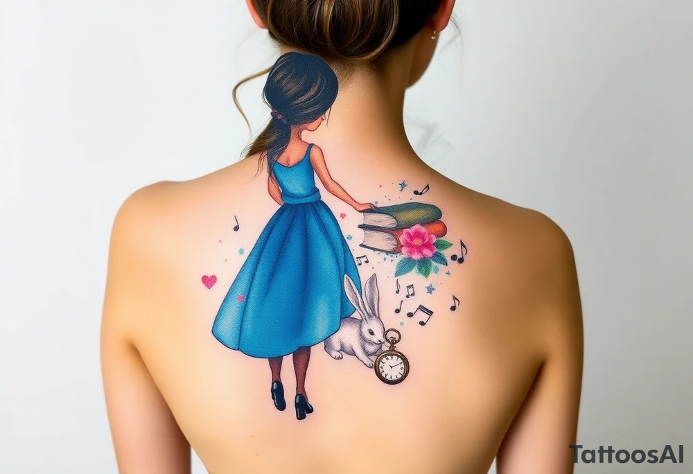 Back view of the silhouette of a girl in a blue dress. She is following a small white rabbit towards a colorful swirl with music notes, books, and flowers. A pocket watch is at the end of the swirl. tattoo idea