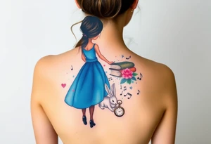 Back view of the silhouette of a girl in a blue dress. She is following a small white rabbit towards a colorful swirl with music notes, books, and flowers. A pocket watch is at the end of the swirl. tattoo idea