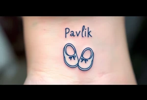 Pavlík written above a tiny pair of baby shoes in dusty blue. tattoo idea