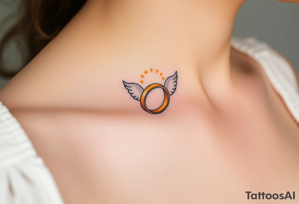 A golden wedding band floating within an angelic halo, glowing softly. tattoo idea