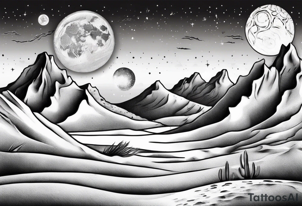 mountains and dunes and moon in the lonely desert tattoo idea