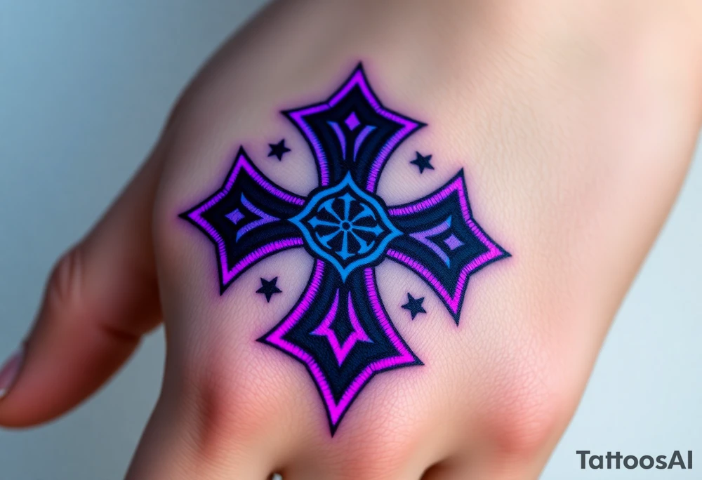 A sleek cyberpunk Maltese cross with neon blue and violet glowing outlines, giving it a futuristic aesthetic tattoo idea