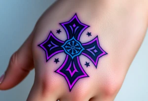 A sleek cyberpunk Maltese cross with neon blue and violet glowing outlines, giving it a futuristic aesthetic tattoo idea