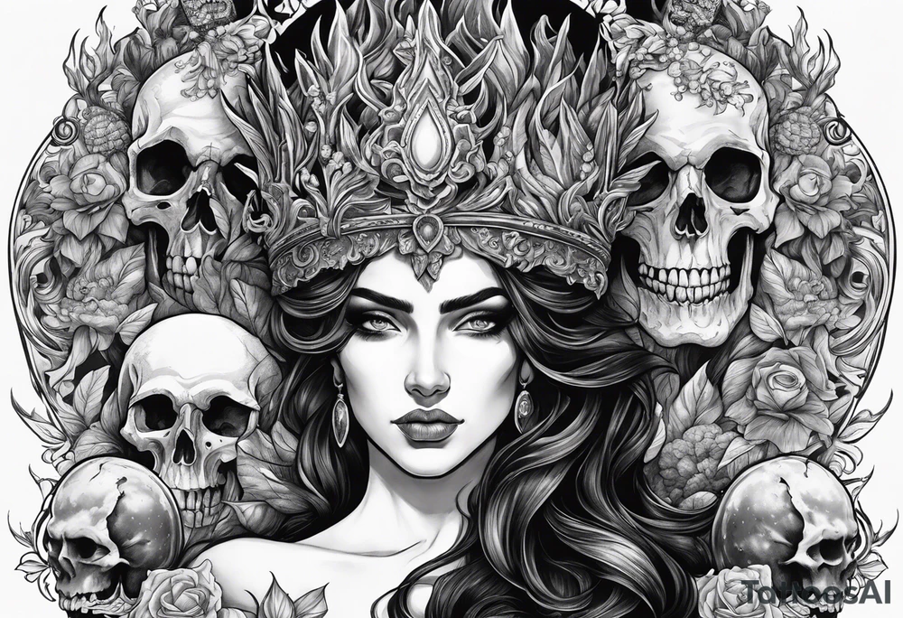 Hades wearing a black crown and Persephone in Hell surrounded by skulls and fire tattoo idea