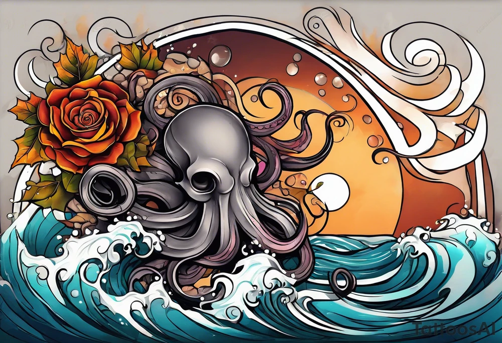 masculine abstract left thigh tattoo with a large long flowing octopus in water swirls wrapping around rocks, with a rose, in fall colors with some small leaves and fall elements tattoo idea