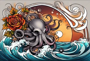 masculine abstract left thigh tattoo with a large long flowing octopus in water swirls wrapping around rocks, with a rose, in fall colors with some small leaves and fall elements tattoo idea