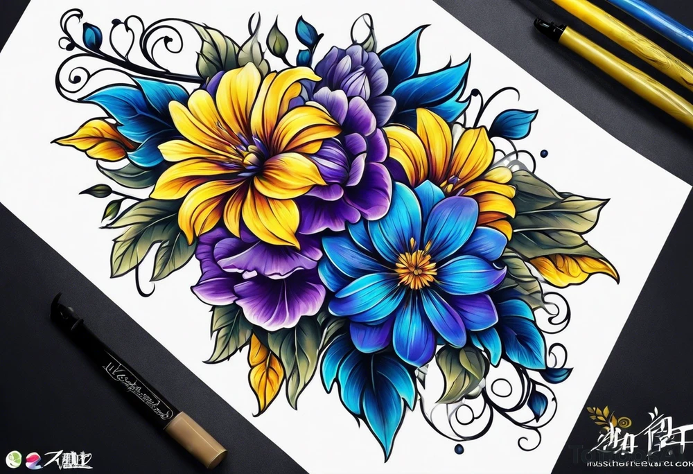 Blue yellow and purple flowers arm sleeve tattoo idea