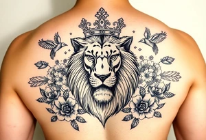 powerful majestic lion with a crown, surrounded by floral ornaments and birds tattoo idea