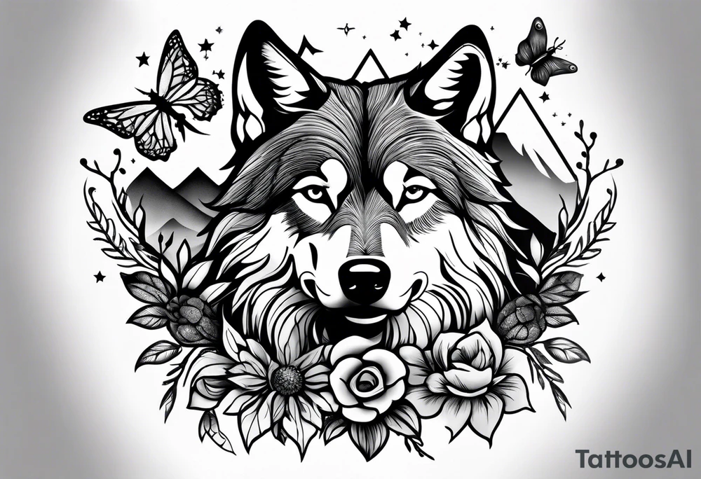 Stars, antlers, dogs, wolf, mountains, flowers, plants, dragonfly, dream catcher, birds
Design for my forearm and fist tattoo idea