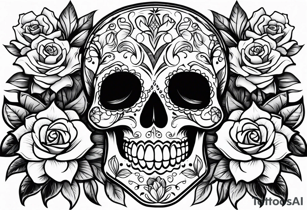 Sugar skulls with lilies and roses tattoo idea