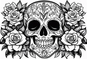 Sugar skulls with lilies and roses tattoo idea