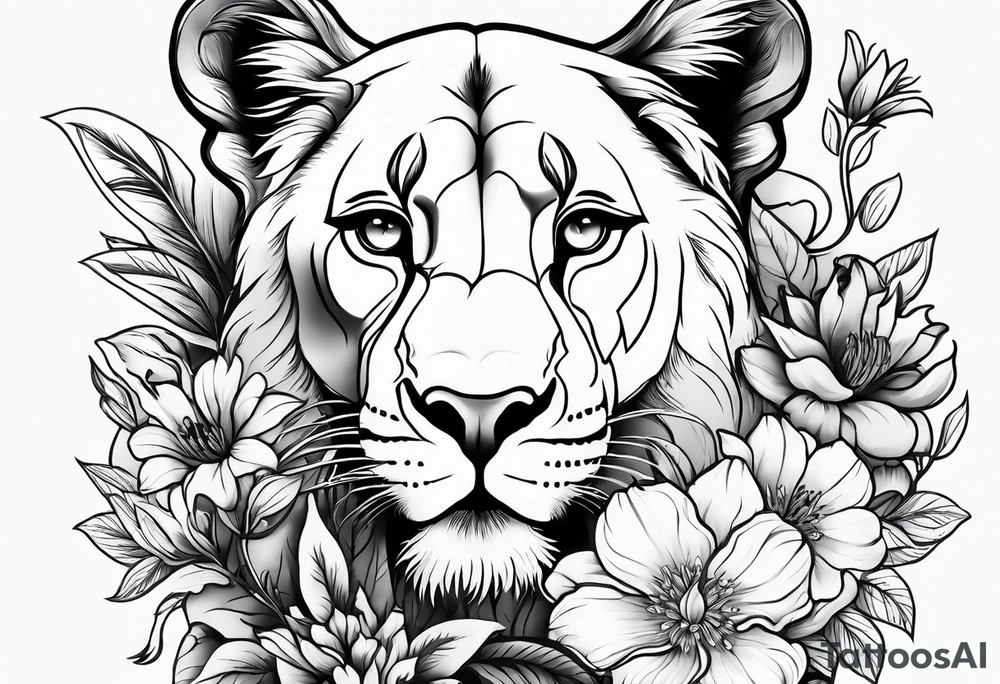 Birth flower tattoo with lioness and cubs tattoo idea